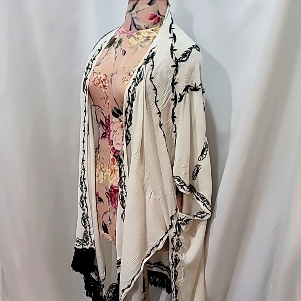 HARLOW Embroided Crepe Tassle Pancho   Cover Up